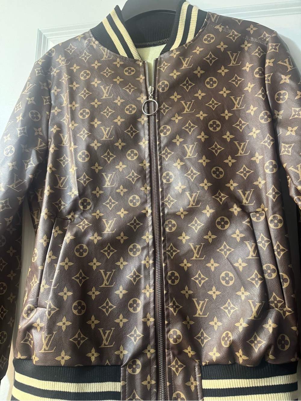 Brown Monogram Bomber Jacket with Cream Striped Trim
